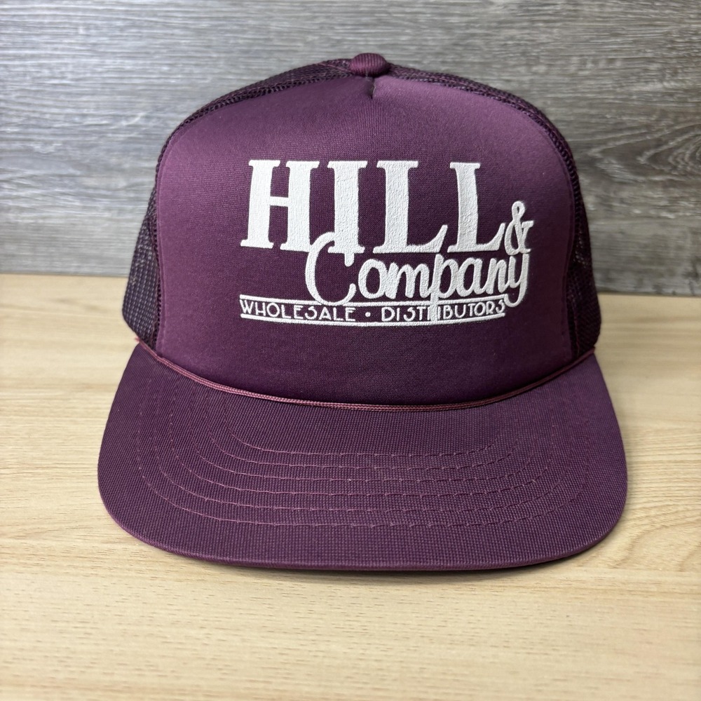 Vintage Hill & Company Hat Cap Snap Back Burgundy Trucker Advertising Mens 90s